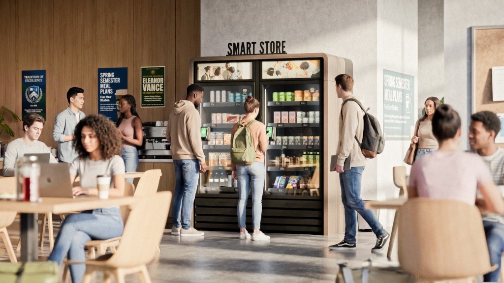 People using a wood-paneled Smart Store micro market in a bright lounge