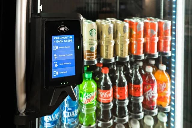 Checkout screen on a smart cooler showing four easy steps